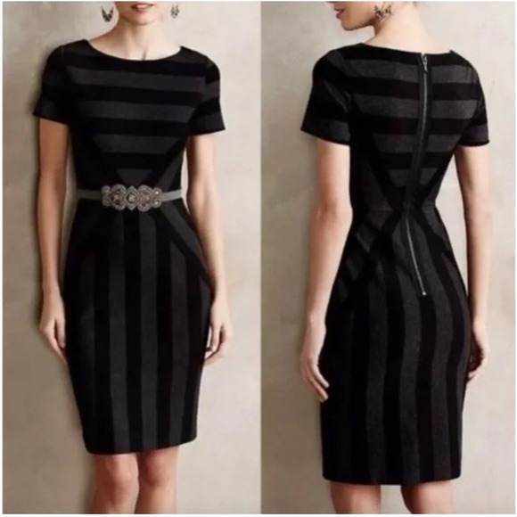 Maeve Dresses & Skirts - Maeve sz 2 2Black Gray Stripe Pencil Short Sleeve elegant round collar